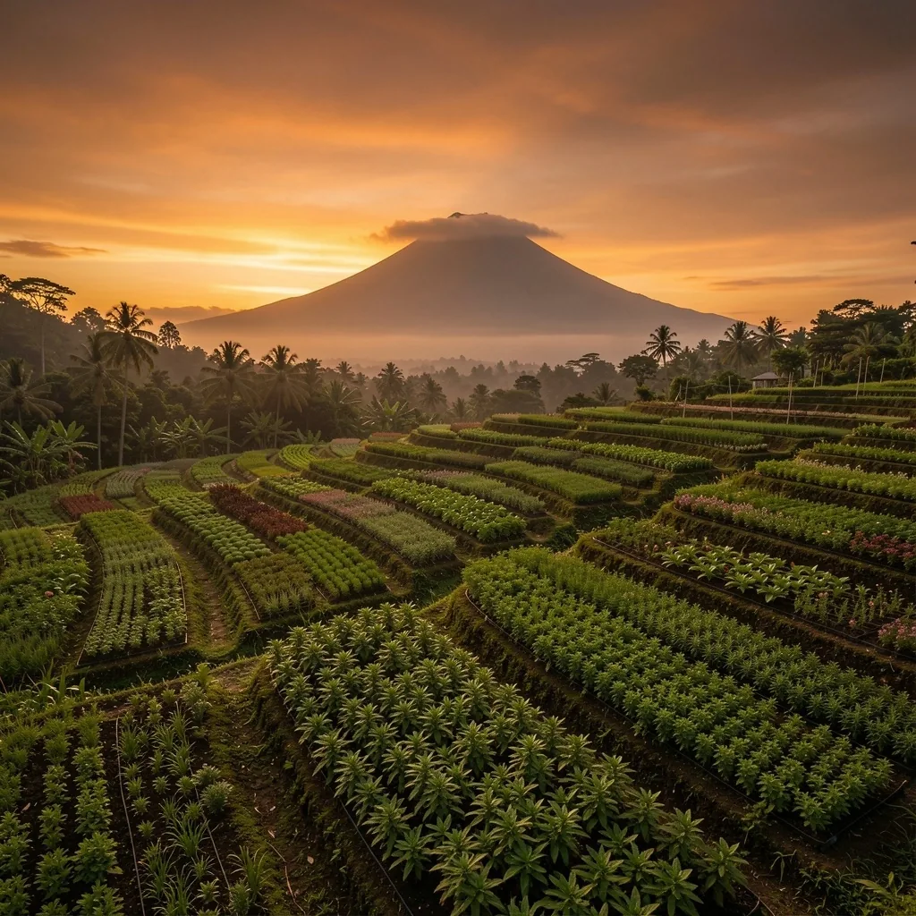 Indonesian botanical farm landscape at dusk
